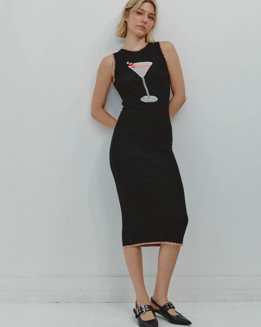 Black Martini Embroidered Knit Midi Dress