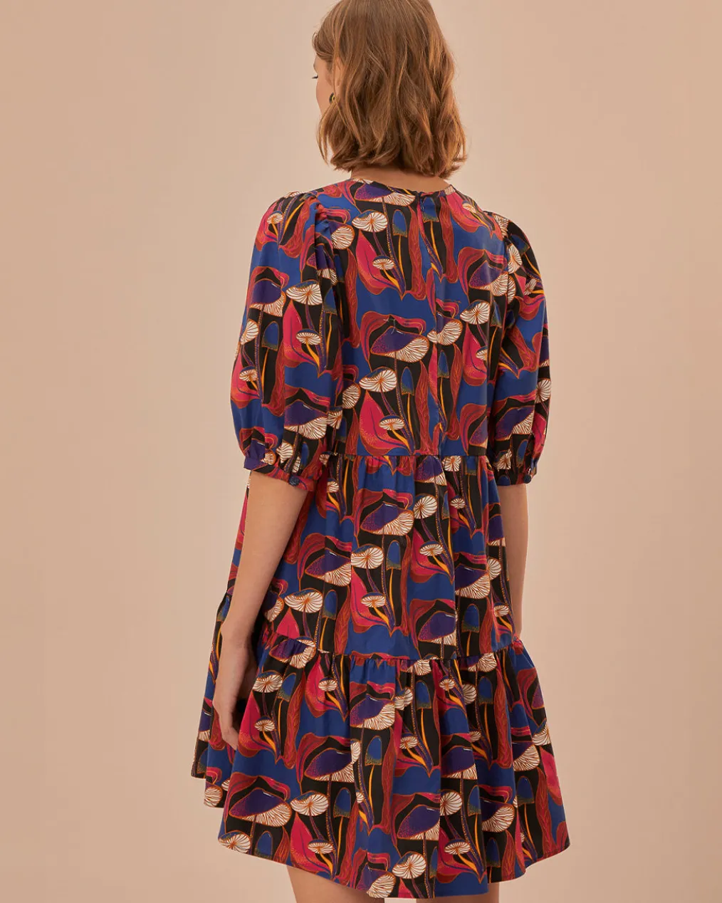 Black Wild Mushrooms Puff Sleeve Mini Dress