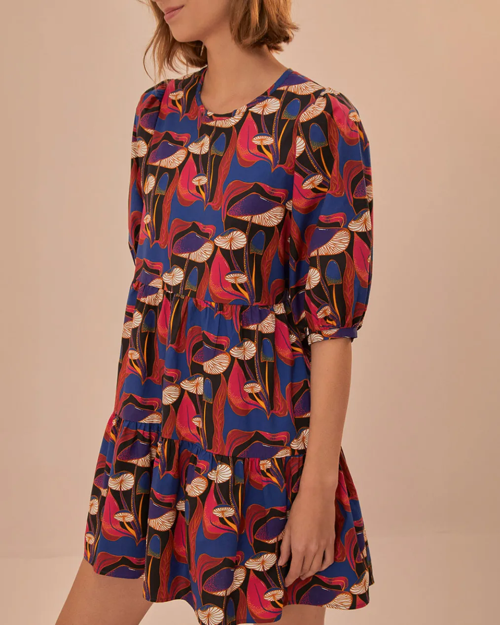 Black Wild Mushrooms Puff Sleeve Mini Dress