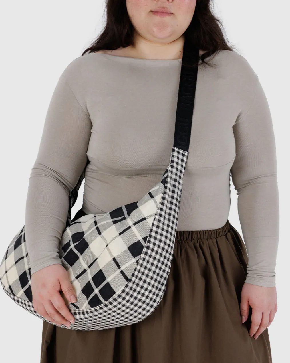 Large Nylon Crescent Bag w/ Key Leash - Mixed Plaid