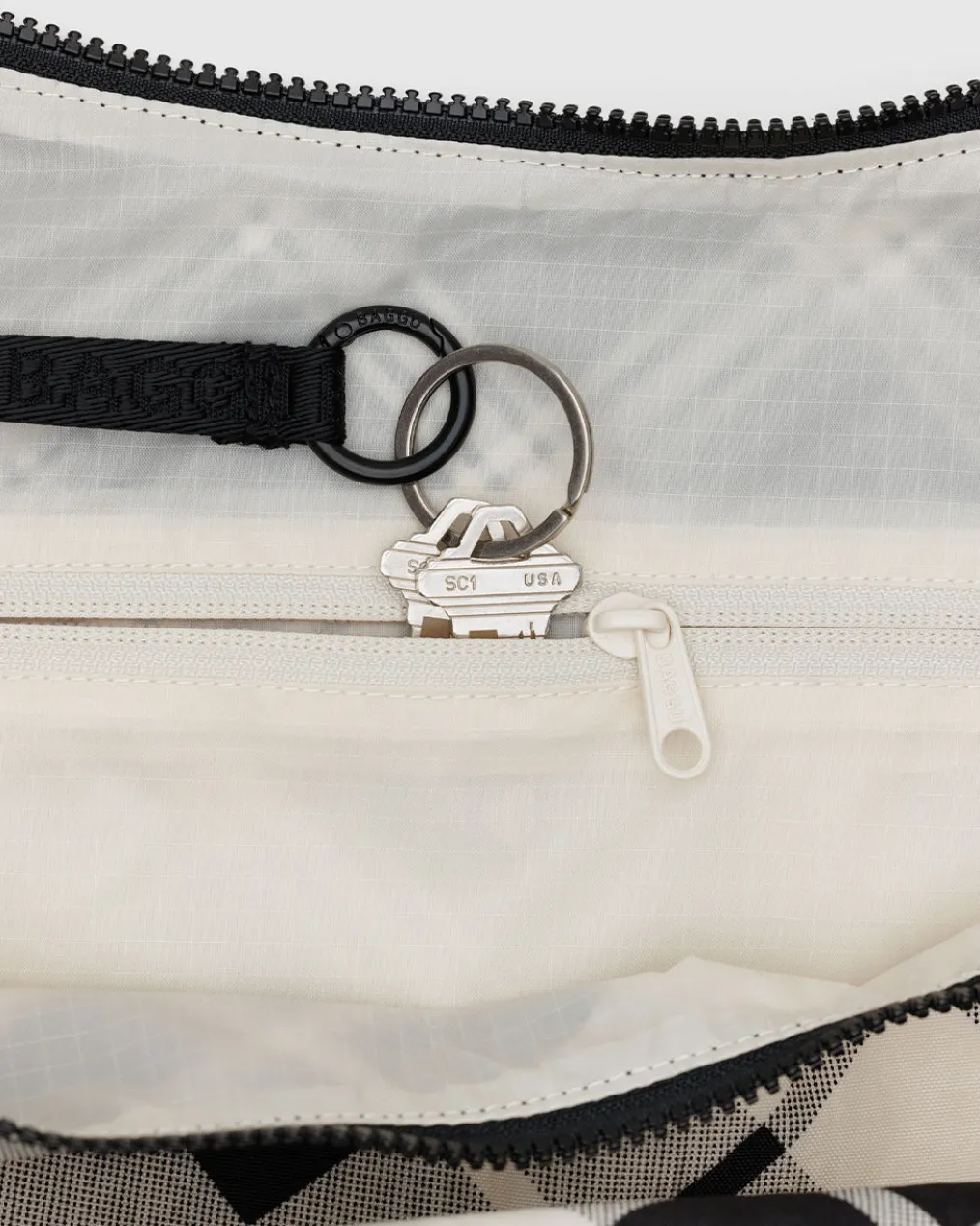 Large Nylon Crescent Bag w/ Key Leash - Mixed Plaid