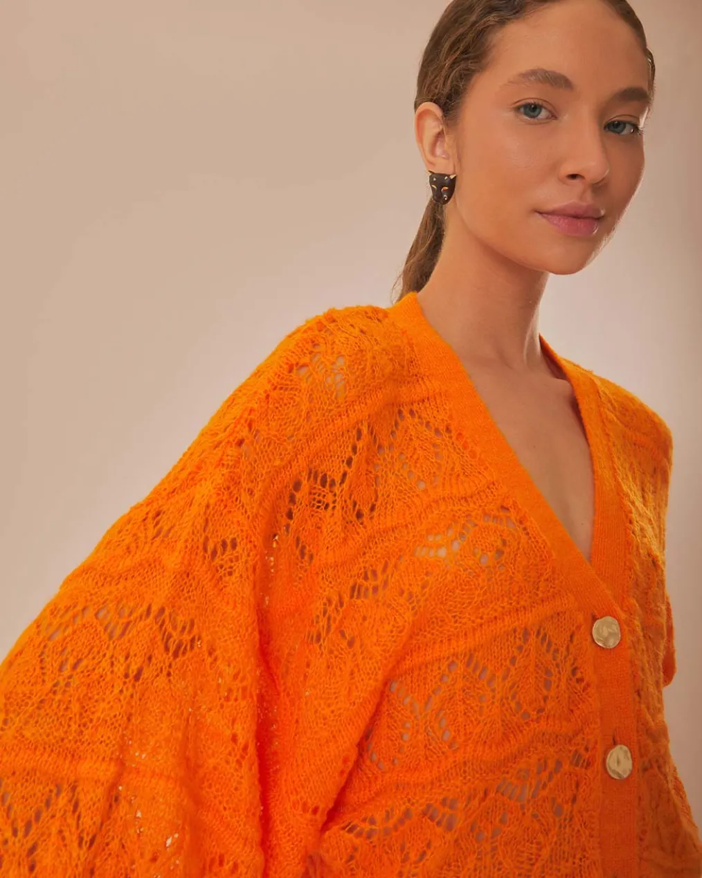 Orange Textured Knit Cardigan