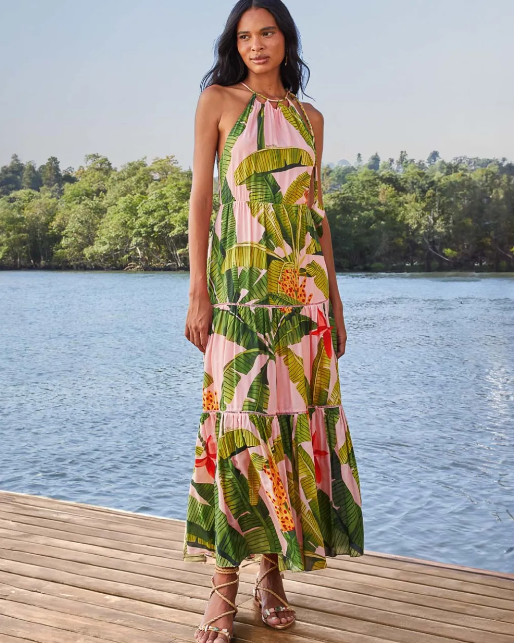 Pink Banana Leaves Sleeveless Maxi Dress