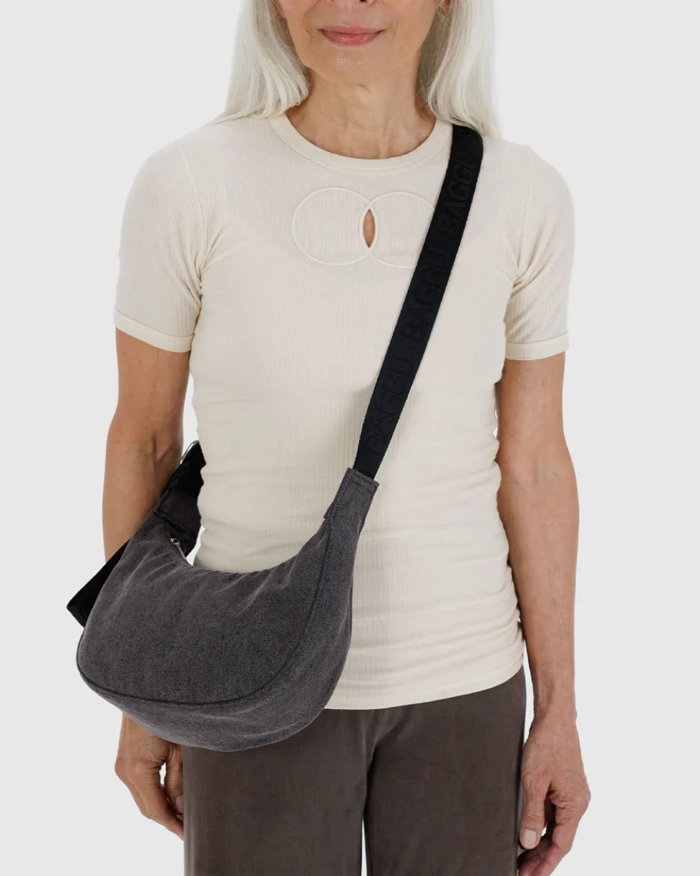 Small Denim Crescent Bag w/ Key Leash - Washed Black Denim